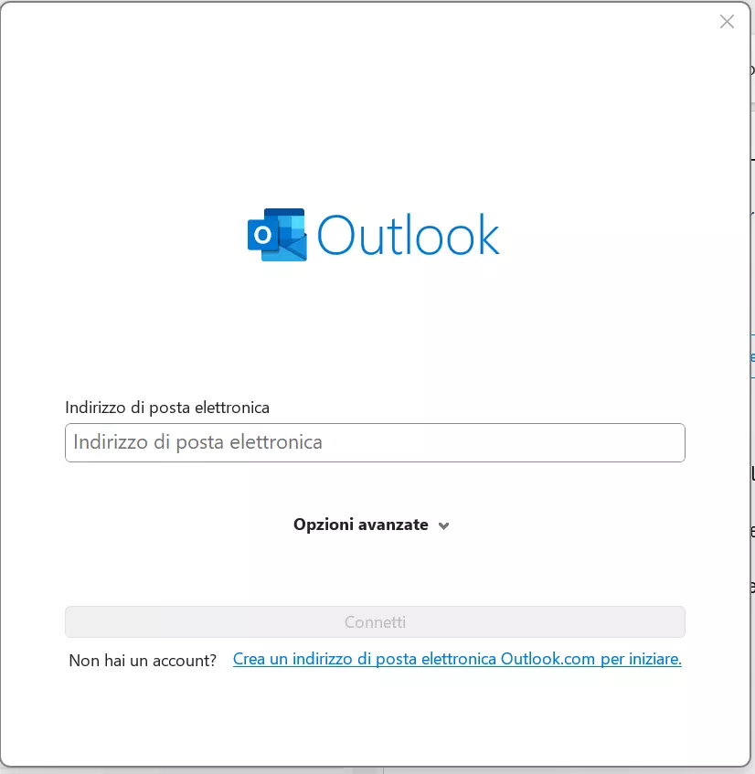 Finestra di dialogo “Aggiungi account” su Outlook