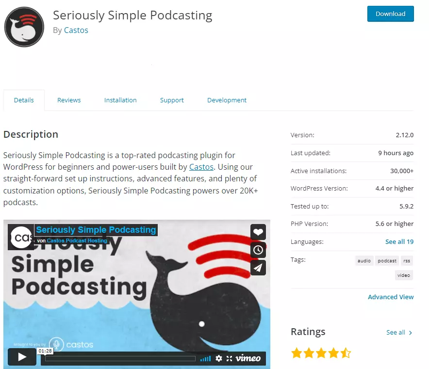 Descrizione del plugin Seriously Simple Podcasting su WordPress