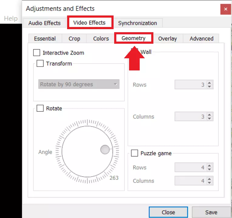 Cercate “Effetti video” e poi scegliete “Geometria”