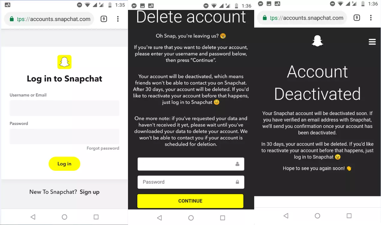 La pagina del portale account di Snapchat accessibile via URL