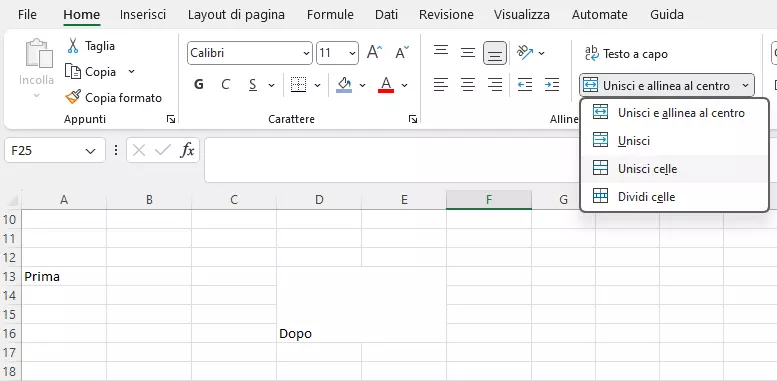 Unire le celle con “Unisci celle”