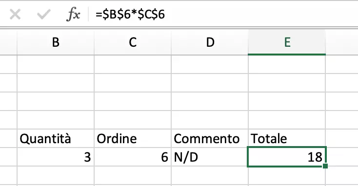 Formula Excel con il simbolo $ (blocco dei riferimenti di cella)