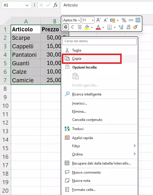 Selezione e copia di una tabella Excel