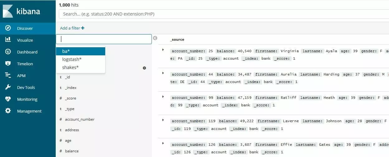 Kibana: elenco delle voci di un record di dati di esempio