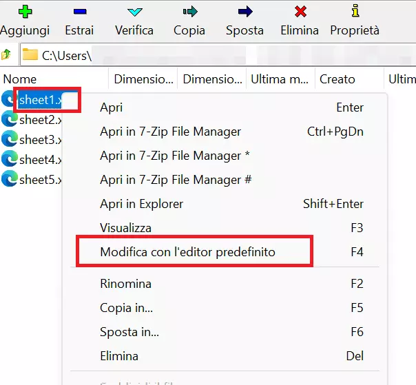 File Excel, directory “xl\worksheets”, aperta nel programma 7-Zip, con menu di scelta rapida