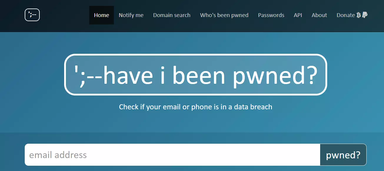 Screenshot della pagina iniziale del sito web Have I Been Pwned?