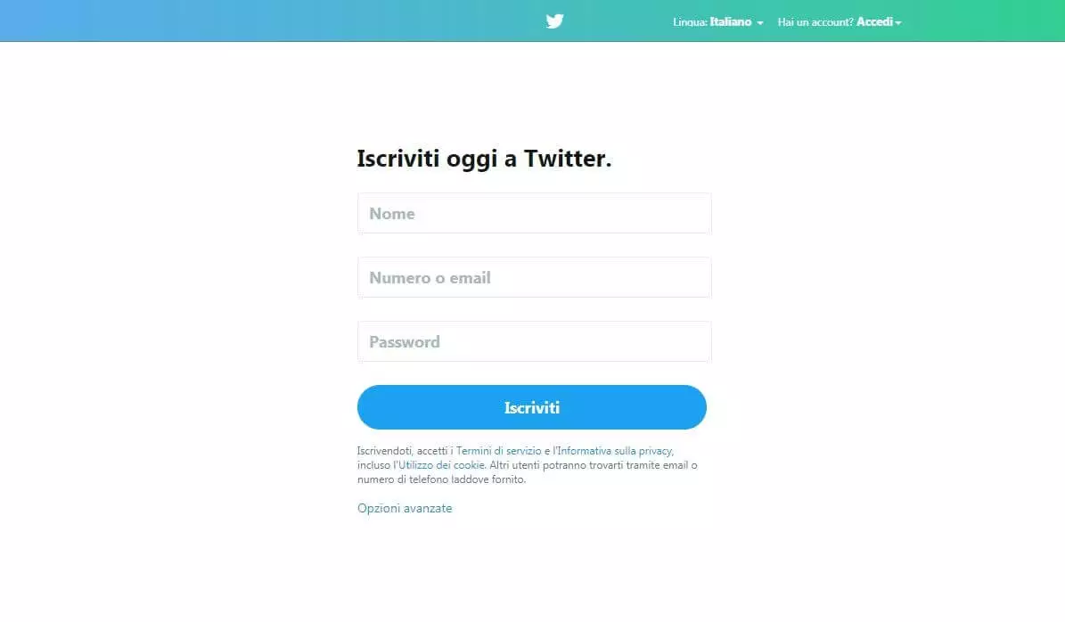 Screenshot della maschera di registrazione di Twitter