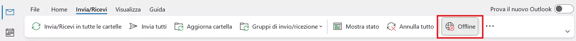 Il pulsante per la selezione della modalità offline di Outlook attivato