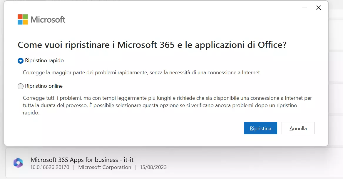 Ripristinare Outlook dalle impostazioni