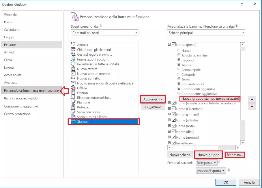 Finestra Opzioni Outlook con sottomenu a due colonne