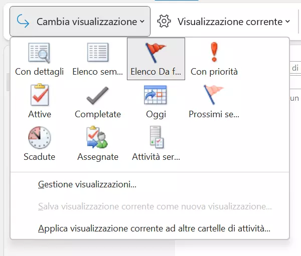 L’elenco delle possibili opzioni di visualizzazione delle attività nel menu Cambia visualizzazione