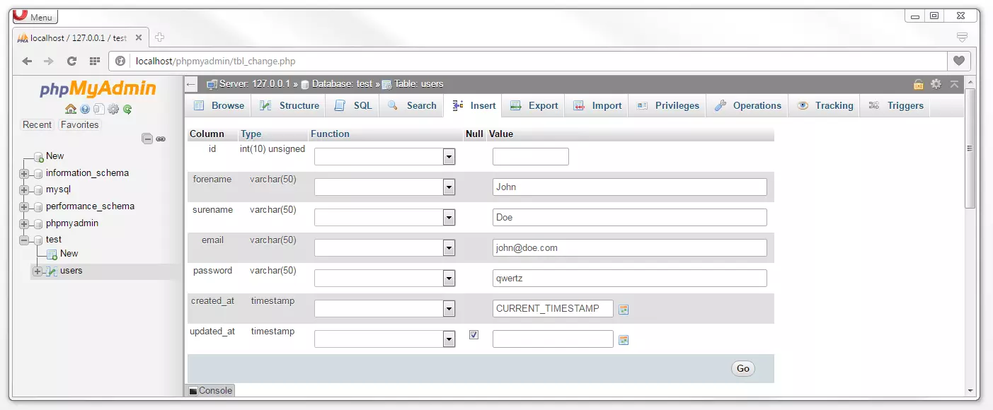 phpMyAdmin: dati di esempio nella maschera per inserire i dati