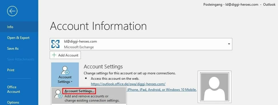 Menu “Informazioni account” in Outlook 2016