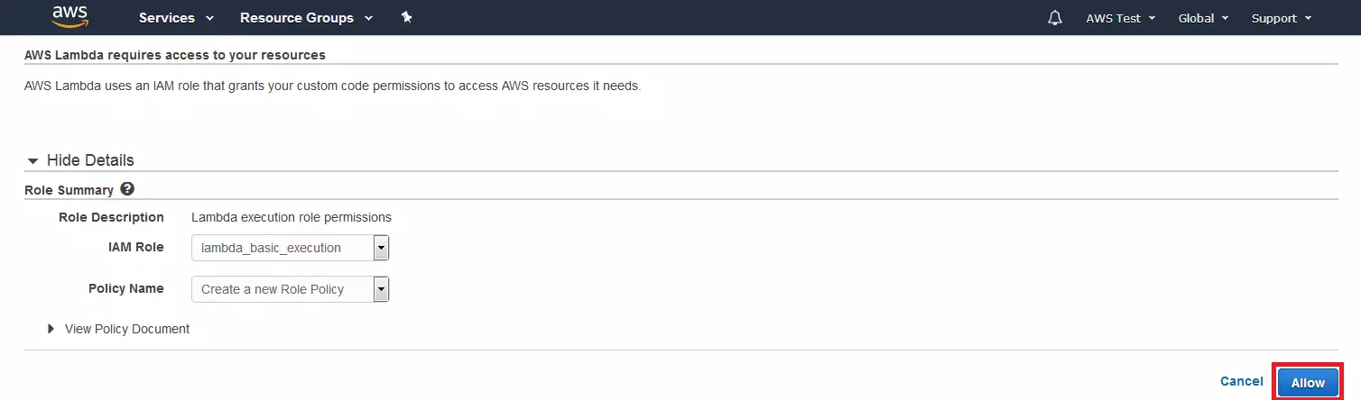 Console di AWS Management: maschera di configurazione per il ruolo di esecuzione della funzione Lambda