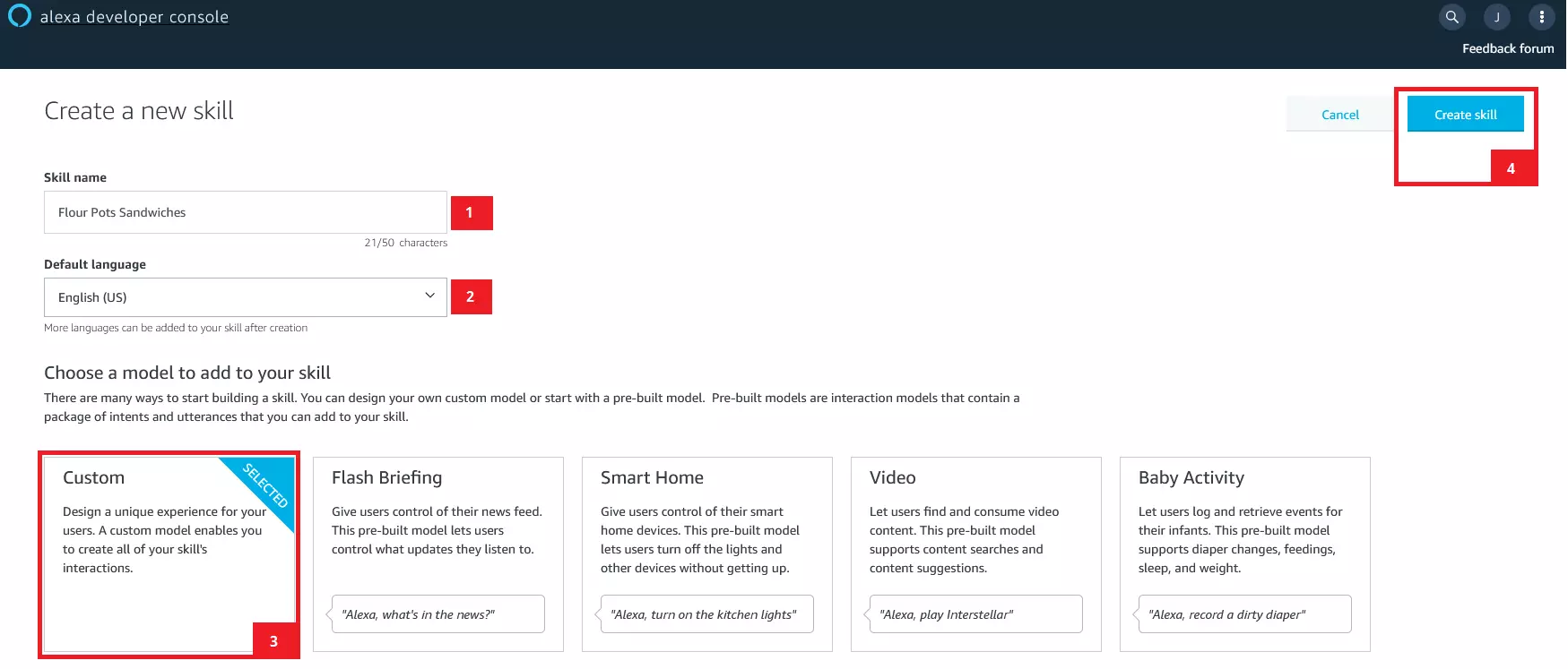 Console sviluppatori di Alexa: finestra di configurazione per creare una nuova skill