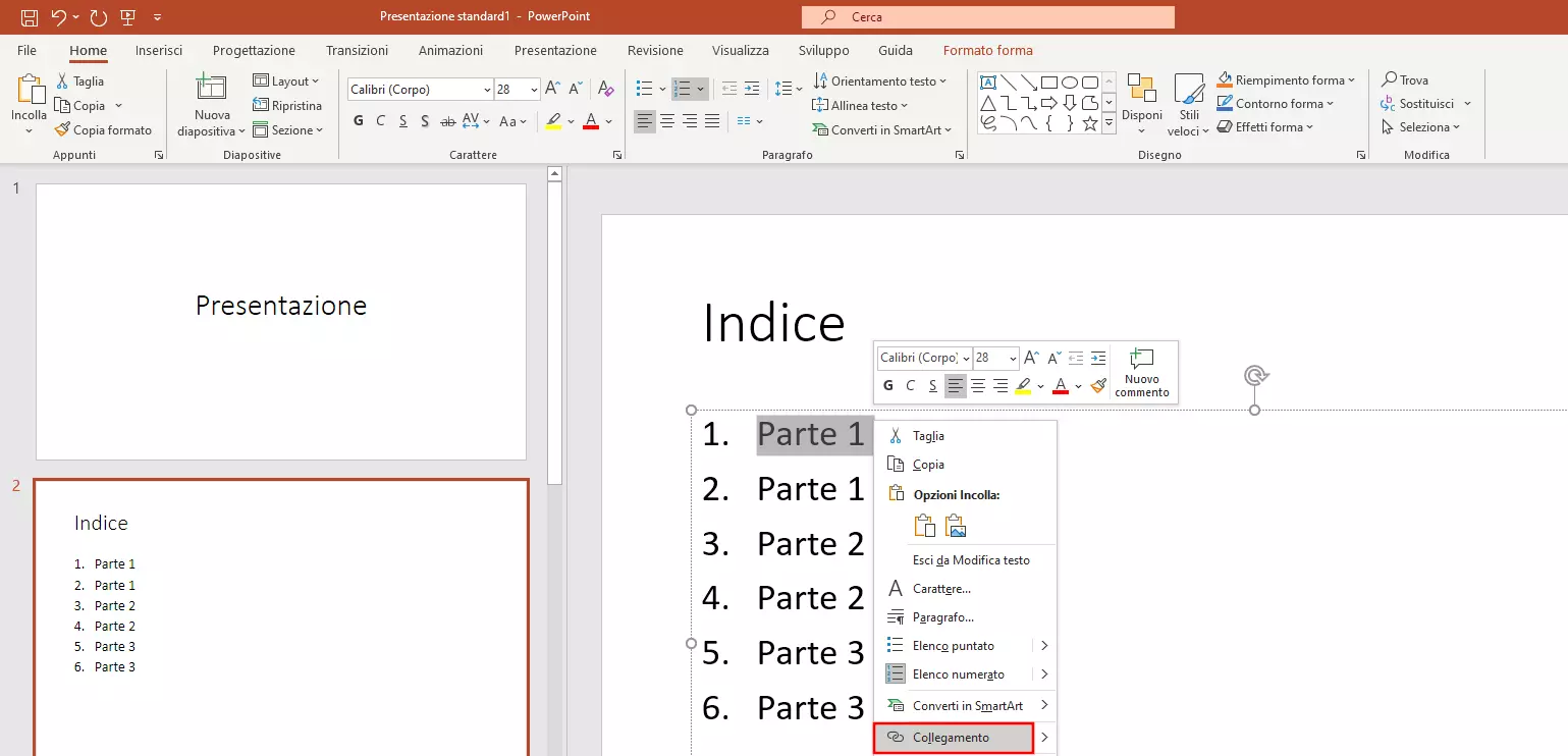 Collegare l’indice di PowerPoint: creare il collegamento