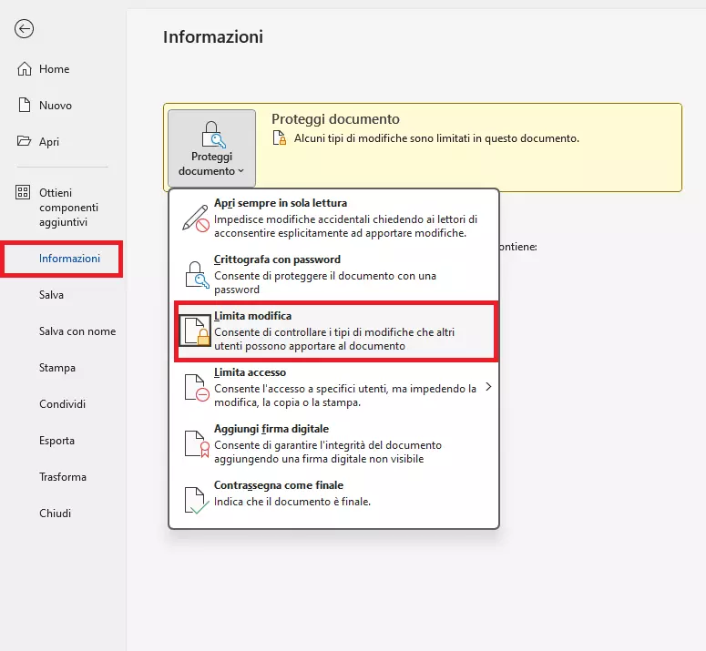 Voce di menu “Limita modifica” in Word