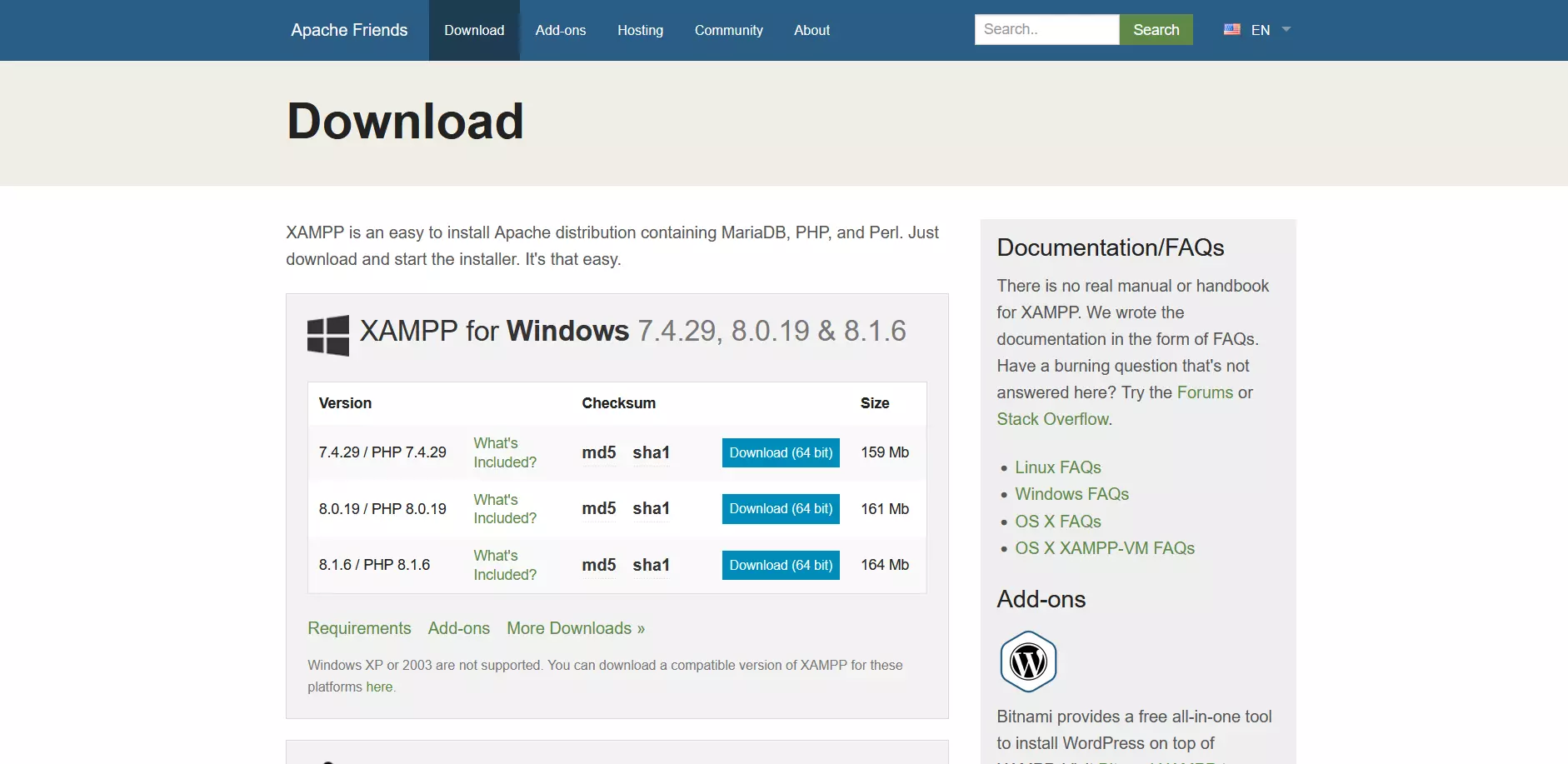 Download di XAMPP per Windows