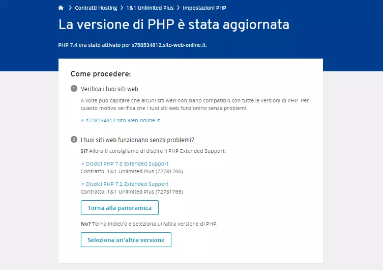 Pannello di controllo IONOS: disdetta del PHP Extended Support