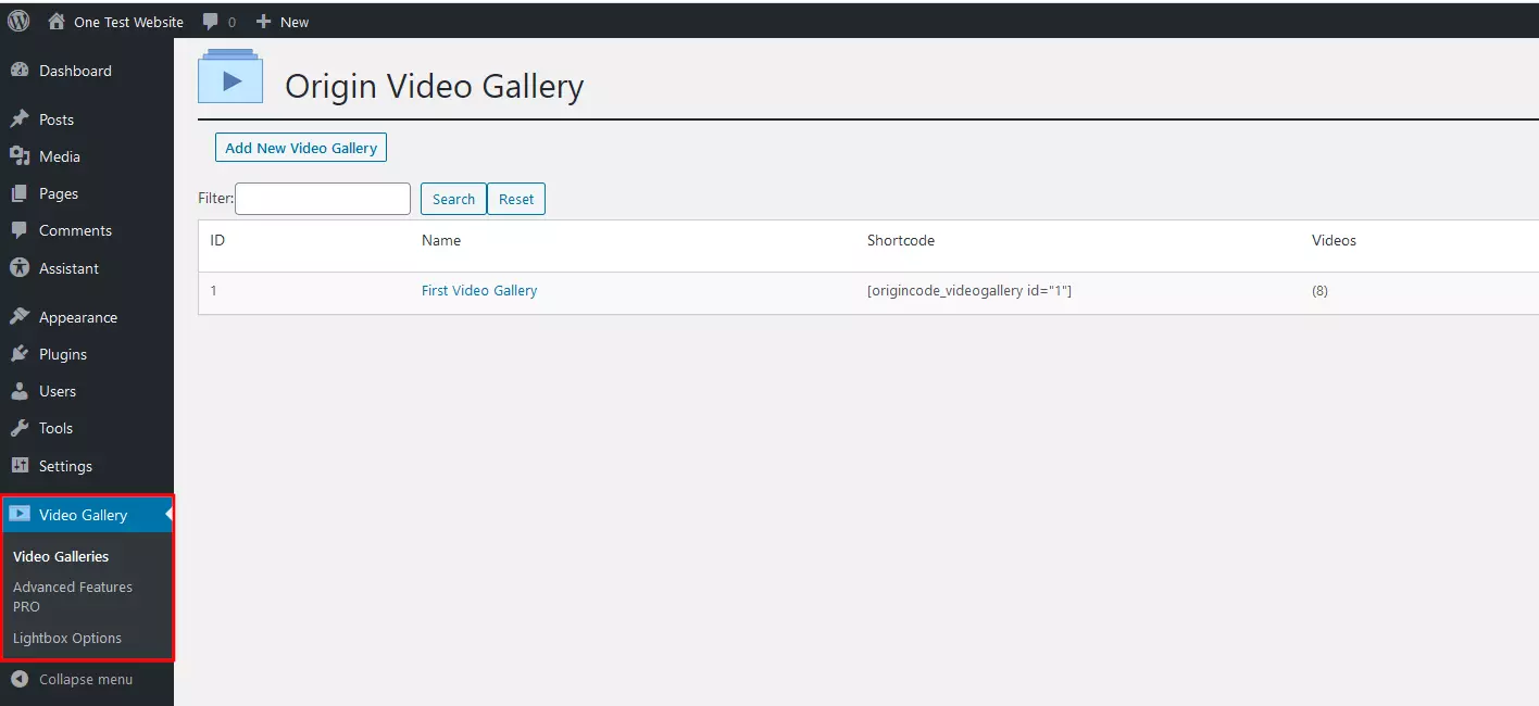 Menu del plugin “Video Gallery” nel back end di WordPress