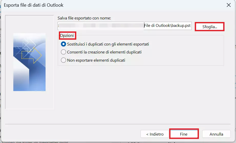 Esporta file di dati di Outlook: scegliere dove salvare il file