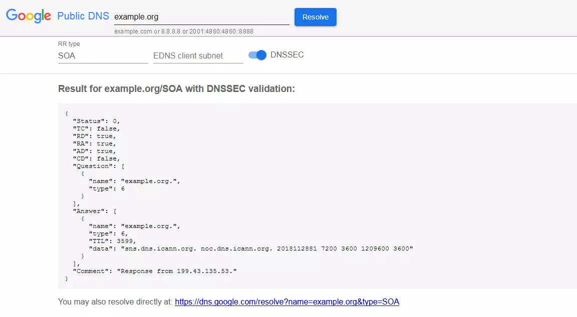 Verifica del record SOA con Google Public DNS