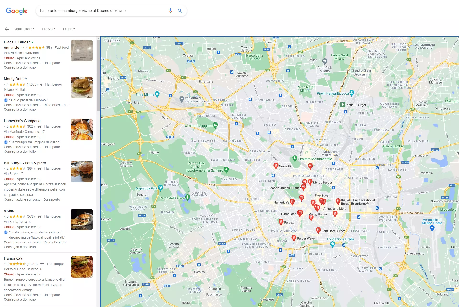 La pagina dei risultati di ricerca Google Maps per il termine "Ristorante di hamburger vicino al Duomo di Milano"