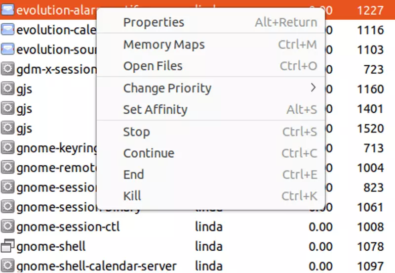 Screenshot del menu a discesa nel task manager