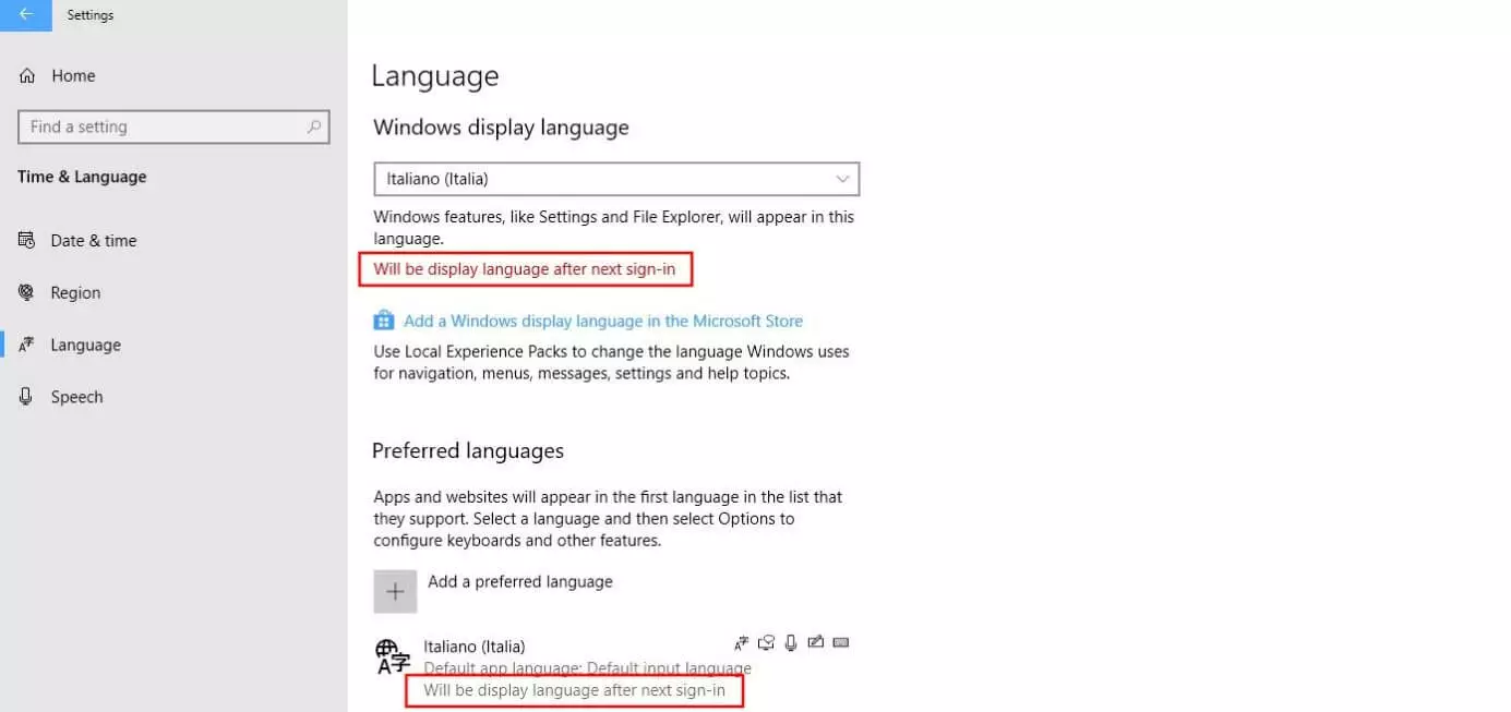 Menu “Lingua” di Windows 10: necessità di effettuare il login nuovamente