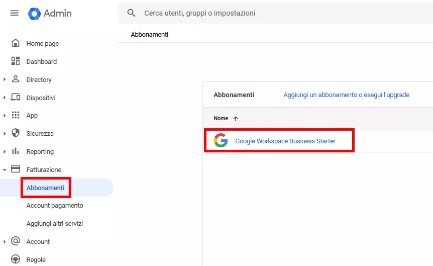 Riepilogo degli abbonamenti nella console di amministrazione di Google Workspace