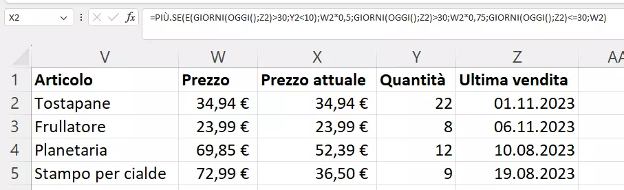 Funzione PIÙ.SE in una tabella di esempio