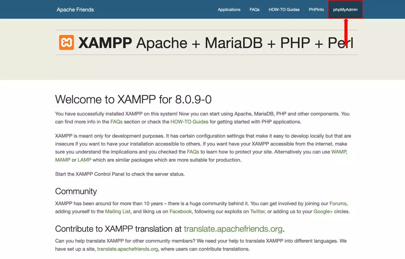 Pagina XAMPP con voce di menu “phpMyAdmin”