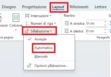 Word: attivazione della sillabazione