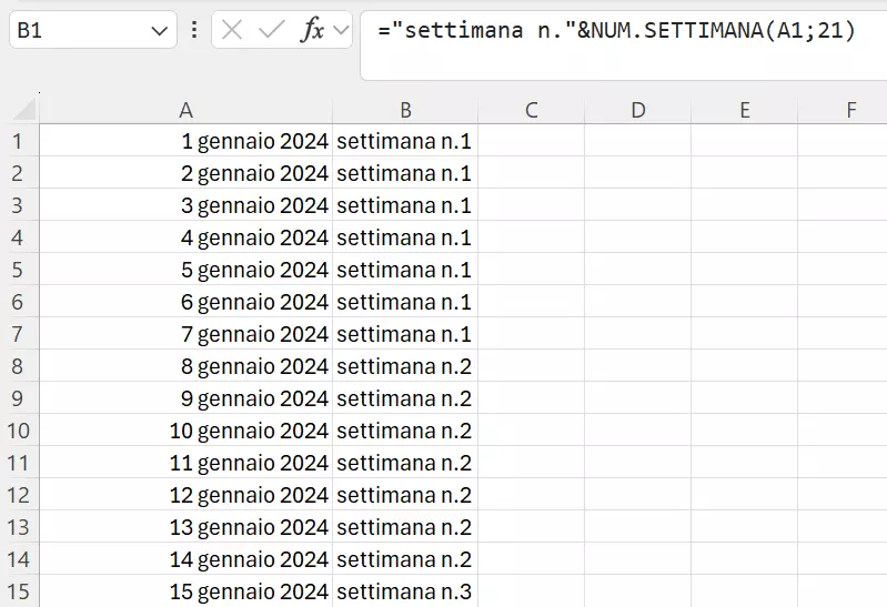 NUM.SETTIMANA in Excel associato anche a un testo