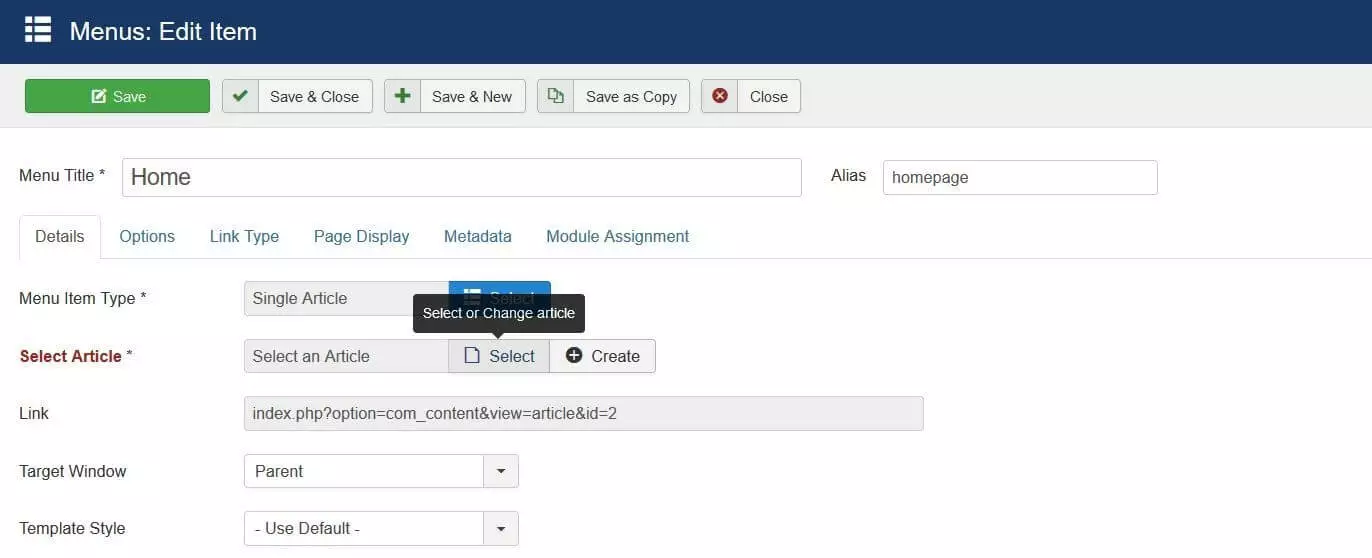 Voce di menu Joomla “Menu home”