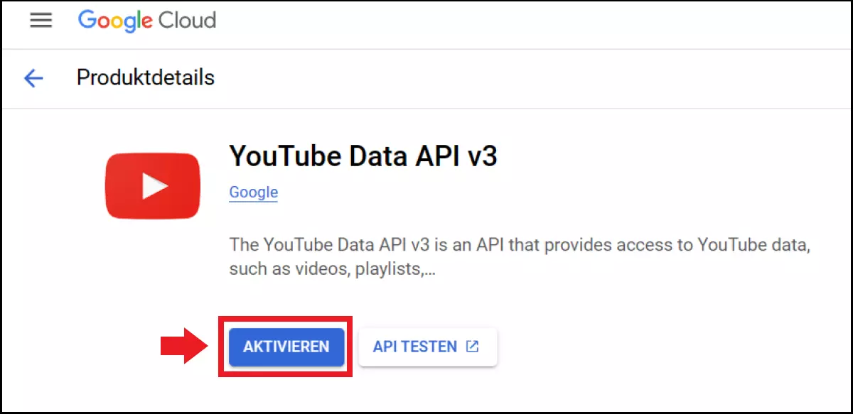 Maschera di attivazione della chiave YouTube Data API v3