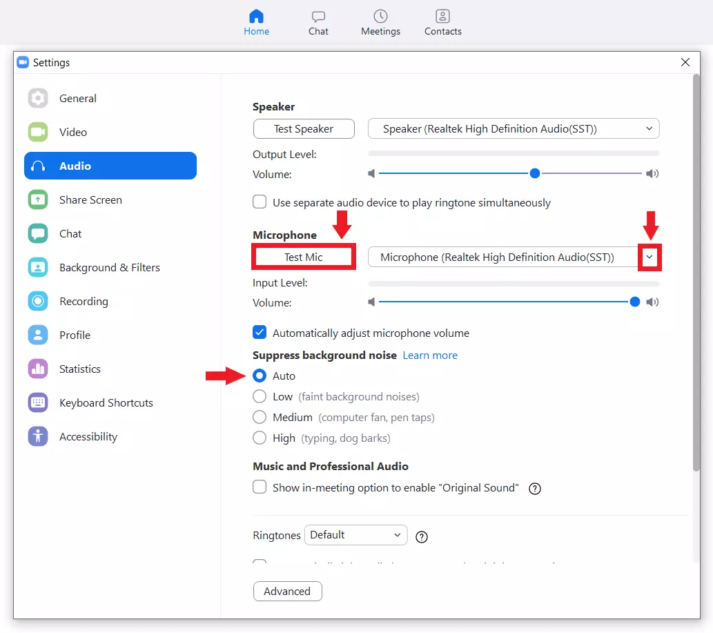 Verifica della funzionalità del microfono nelle impostazioni audio di Zoom