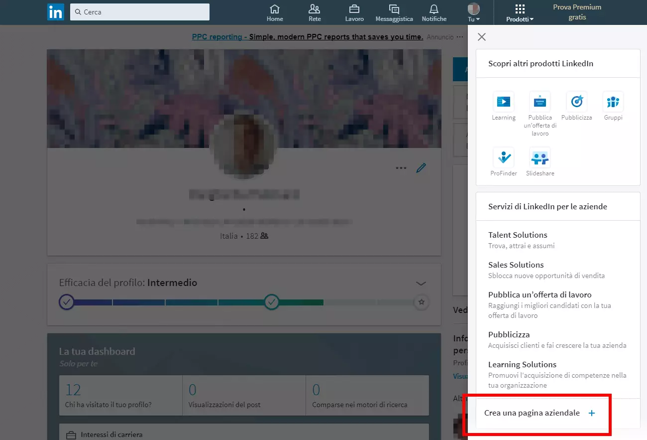 Visualizzazione di un profilo privato di LinkedIn con il menu dei “Prodotti” aperto