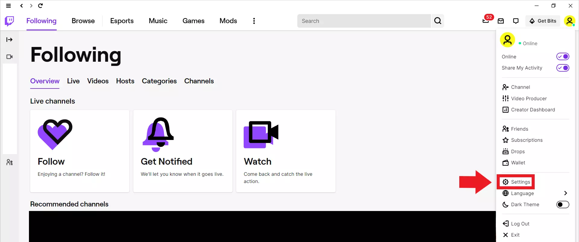 Menu dell’immagine del profilo nell’applicazione desktop di Twitch