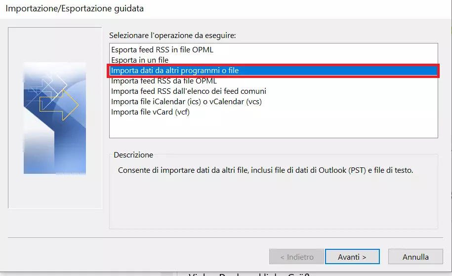 Procedura guidata di Outlook importa/esporta per l’importazione e l’esportazione di dati