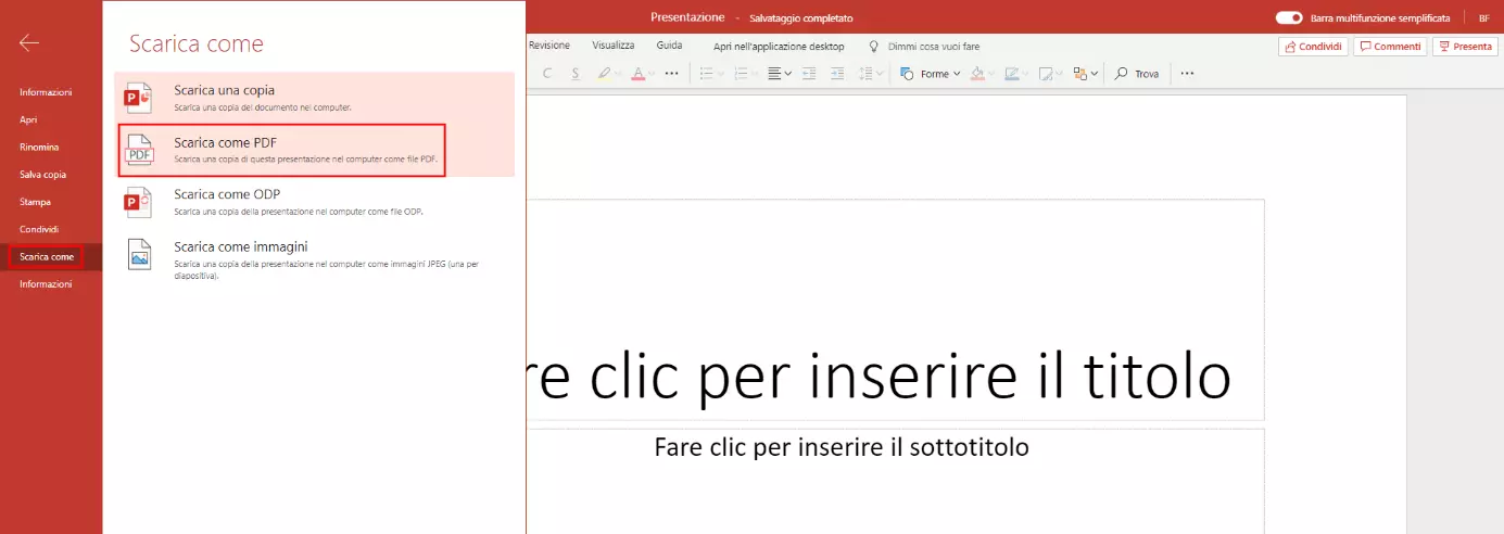 Salvare PowerPoint come PDF dalla versione per il web