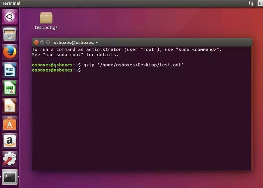 Terminale di Ubuntu: compressione di un file di esempio con gzip