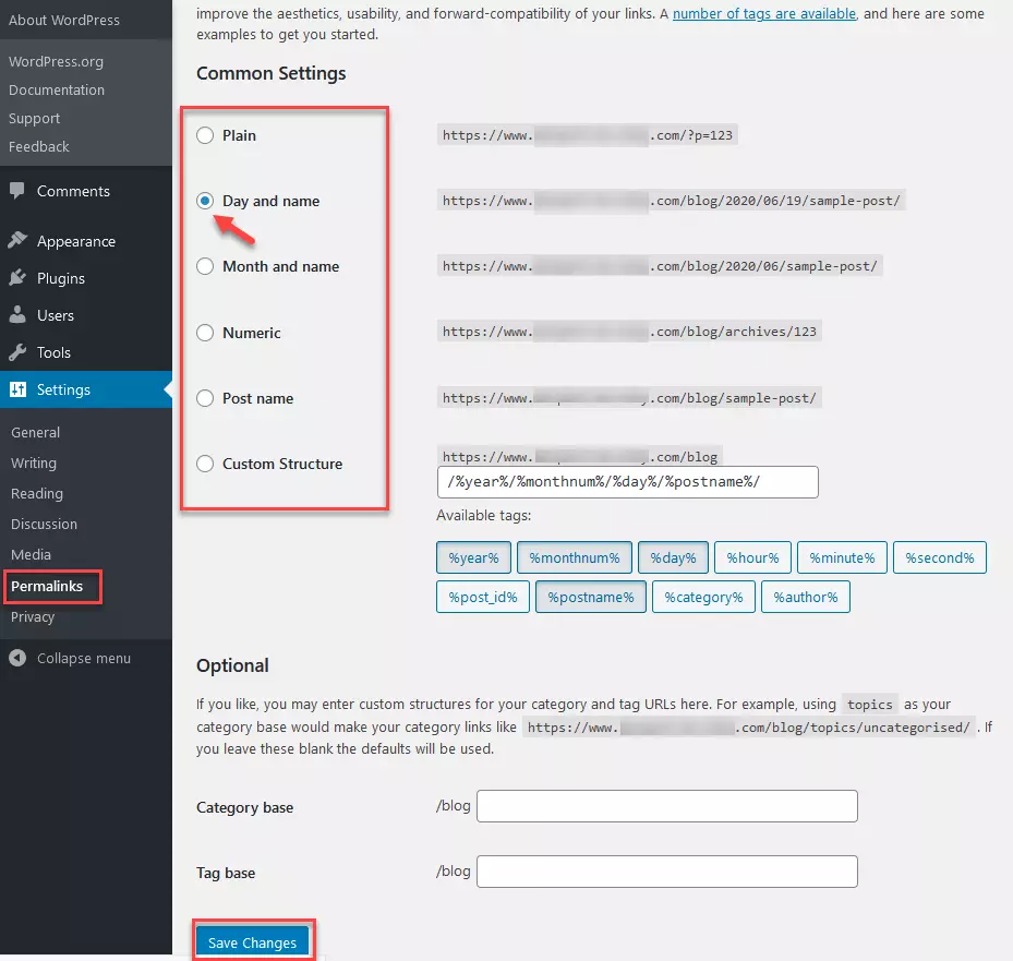 Permalink: “Impostazioni comuni”, opzioni per link