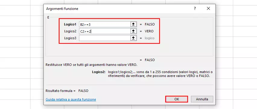 La funzione E di Excel: finestra di dialogo “Argomenti funzione”