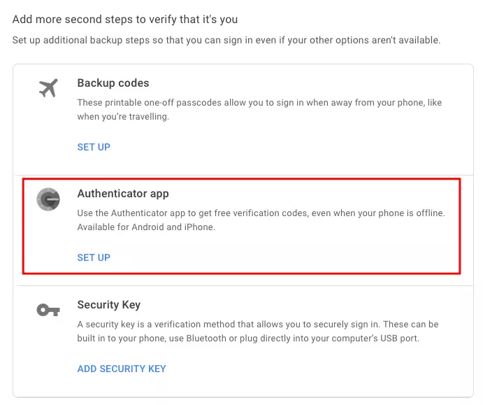 Account di Google, selezionare l’app Authenticator