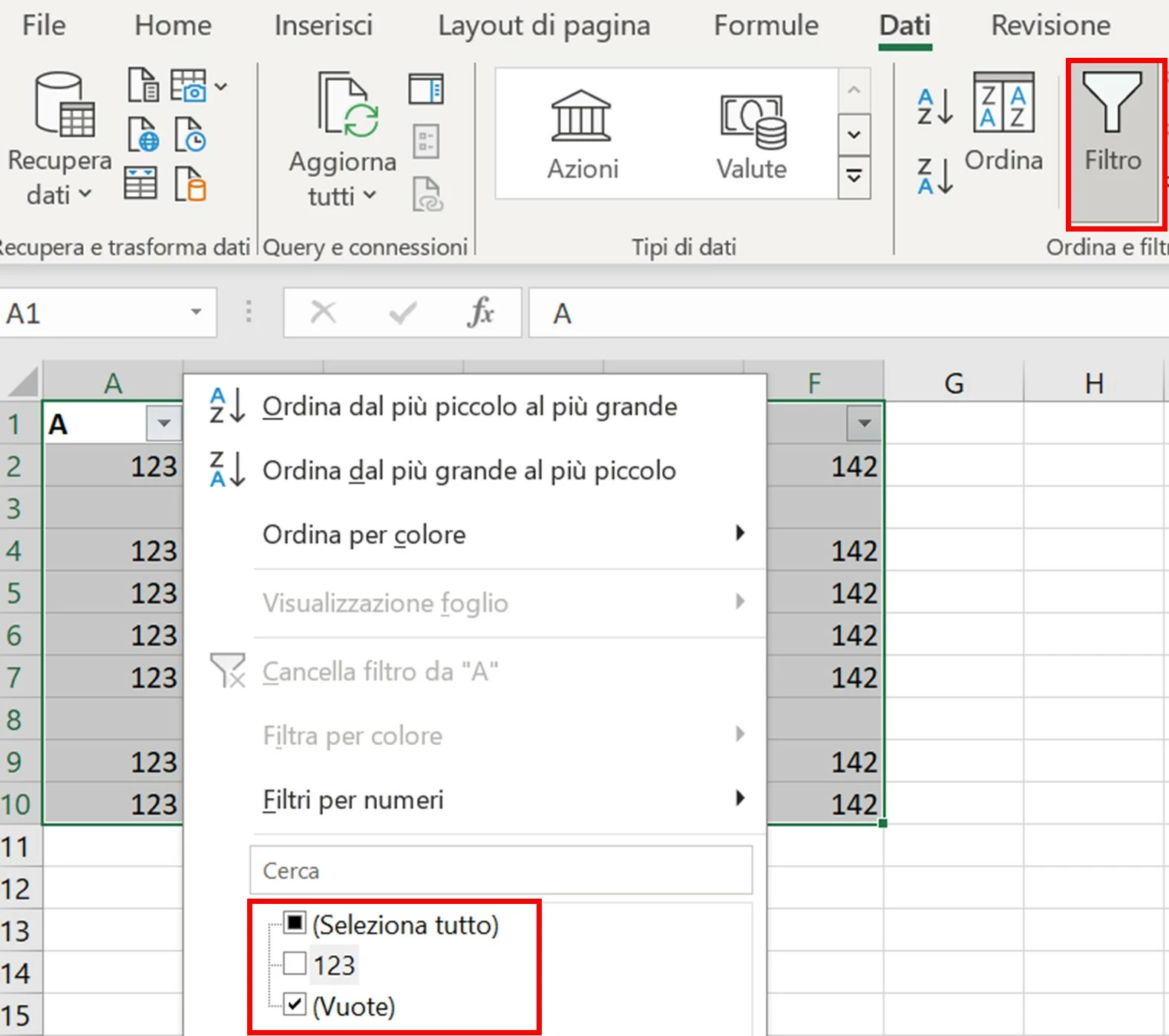 Menu di selezione con il quale è possibile visualizzare le righe vuote