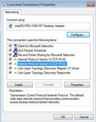 Collegamento LAN di Windows 7: voce IPv4 nel menu “Proprietà”