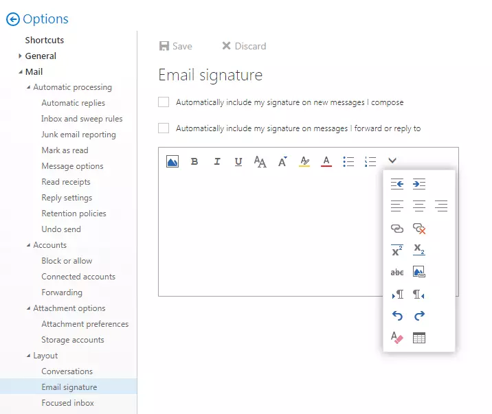 Screenshot dell’editor per la firma per e-mail nella web app di Outlook