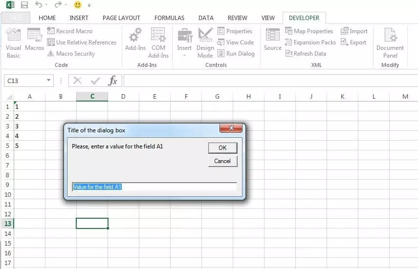 Esempio di finestra di dialogo per l’inserimento di dati su Excel