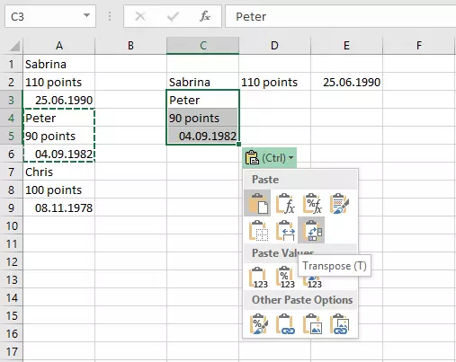 Rappresentazione di come effettuare una trasposizione durante un inserimento in Excel.